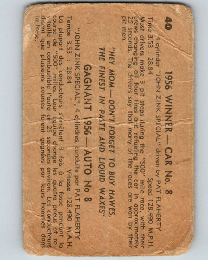1960 Hawes Wax Indy #40 Pat Flaherty V16467