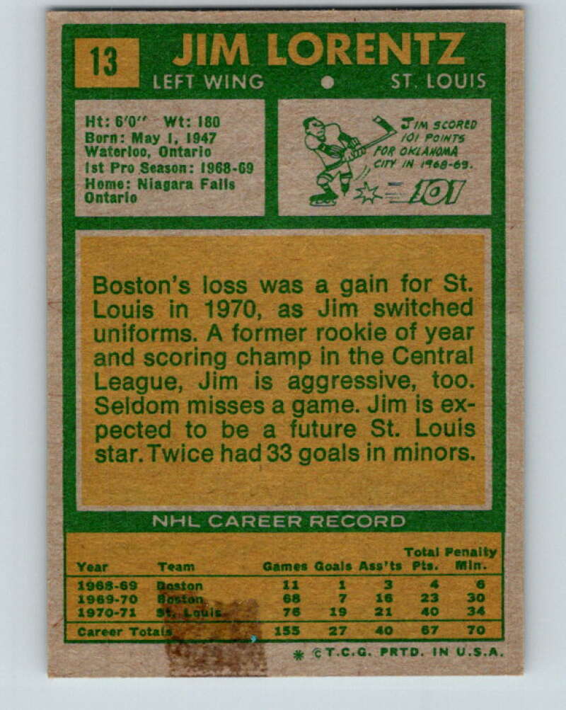 1971-72 Topps #13 Jim Lorentz St. Louis Blues V16486
