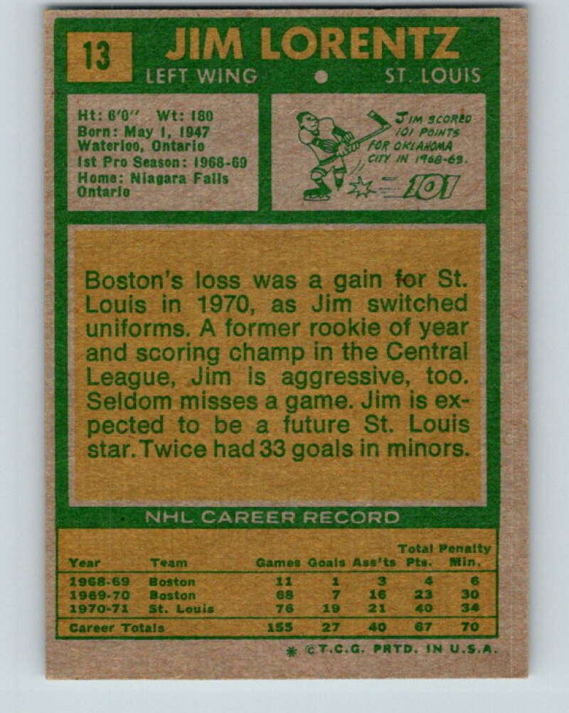 1971-72 Topps #13 Jim Lorentz St. Louis Blues V16487