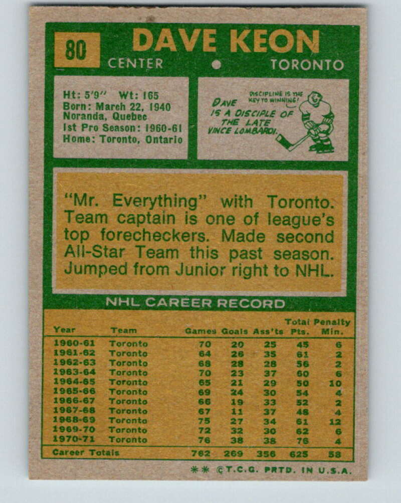 1971-72 Topps #80 Dave Keon  Toronto Maple Leafs  V16523