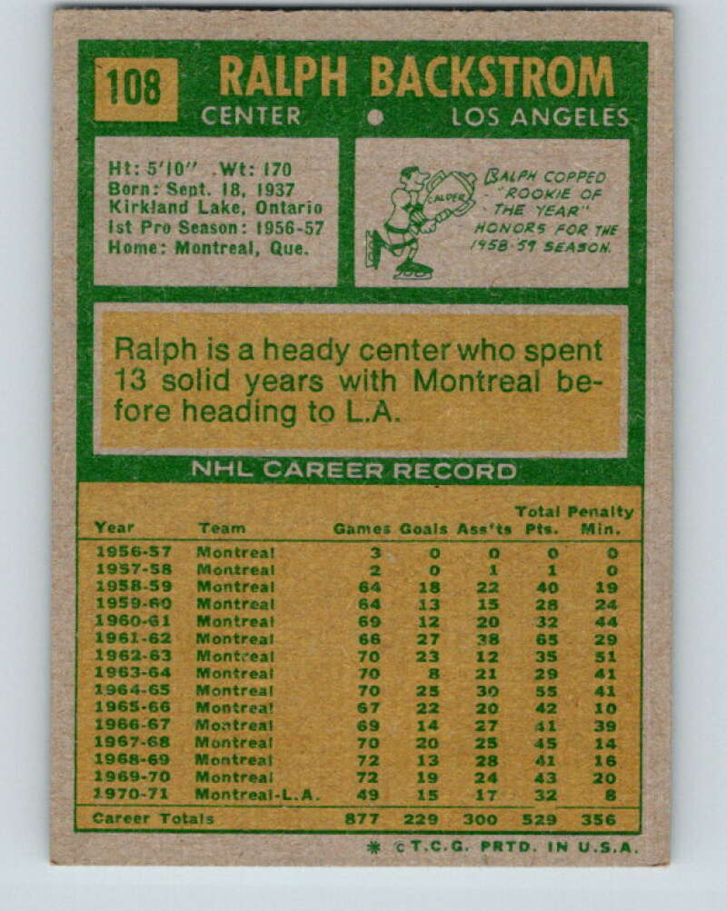 1971-72 Topps #108 Ralph Backstrom Los Angeles Kings V16538