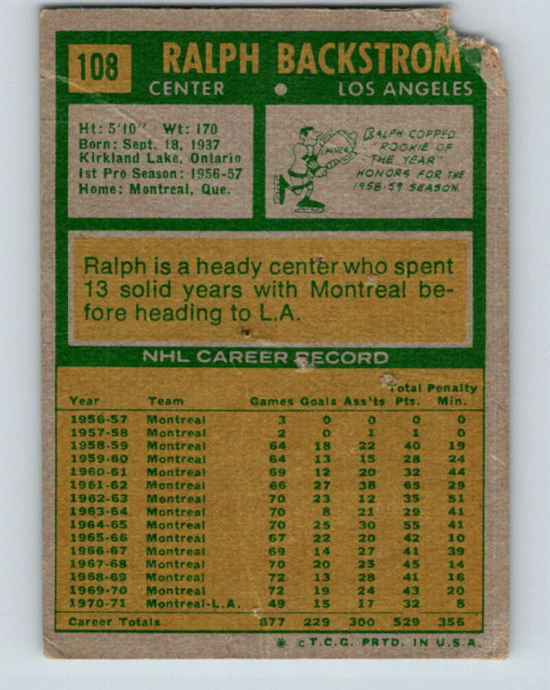 1971-72 Topps #108 Ralph Backstrom Los Angeles Kings V16540
