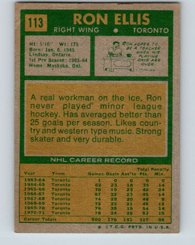 1971-72 Topps #113 Ron Ellis Toronto Maple Leafs V16542
