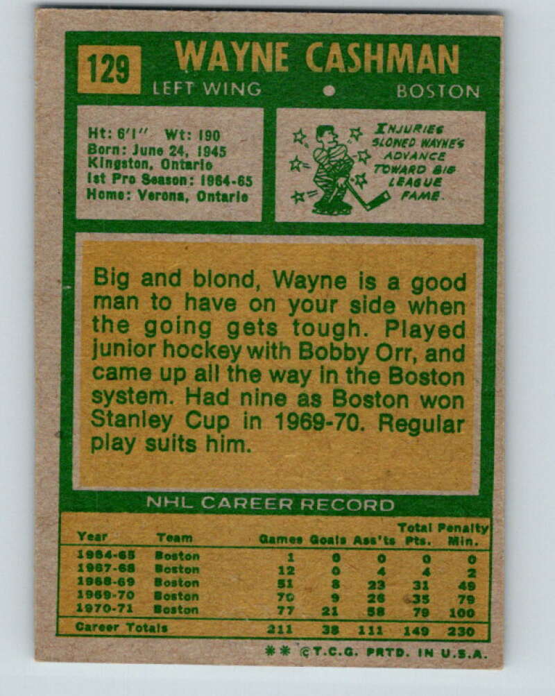 1971-72 Topps #129 Wayne Cashman Boston Bruins V16547