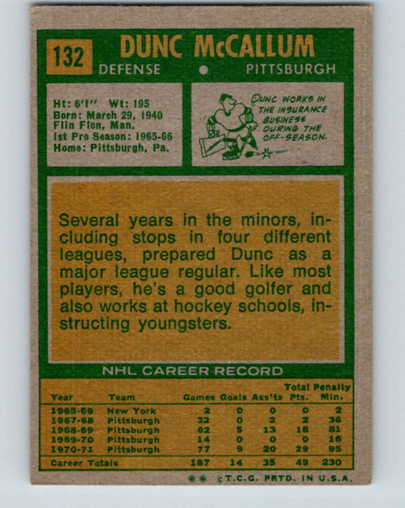 1971-72 Topps #132 Dunc McCallum RC Rookie Pittsburgh V16549