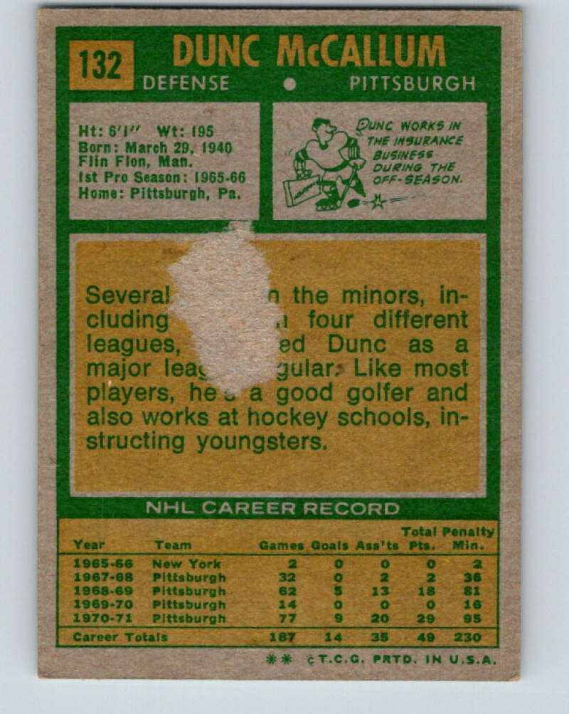 1971-72 Topps #132 Dunc McCallum RC Rookie Pittsburgh V16550