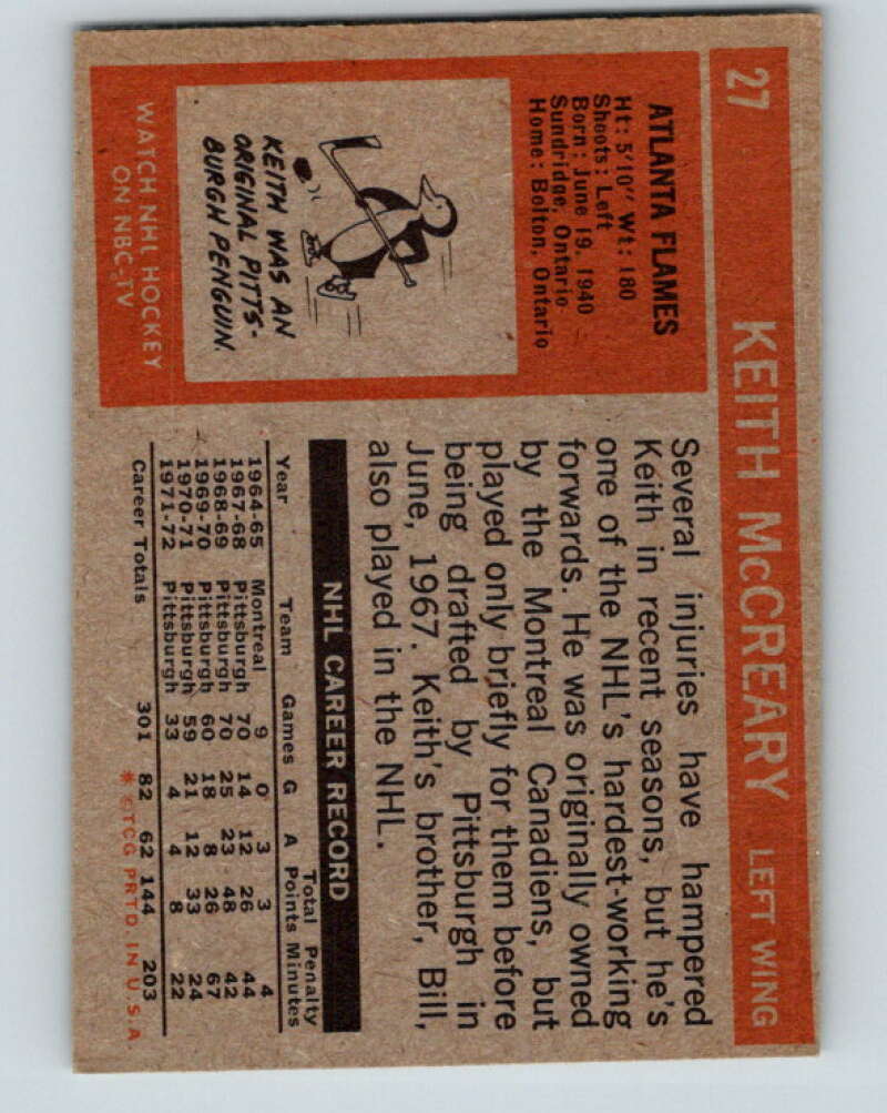 1972-73 Topps #27 Keith McCreary Atlanta Flames V16554