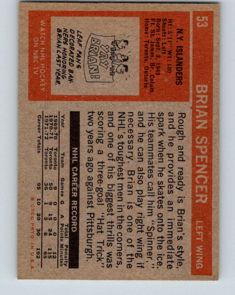 1972-73 Topps #53 Brian Spencer New York Islanders V16558