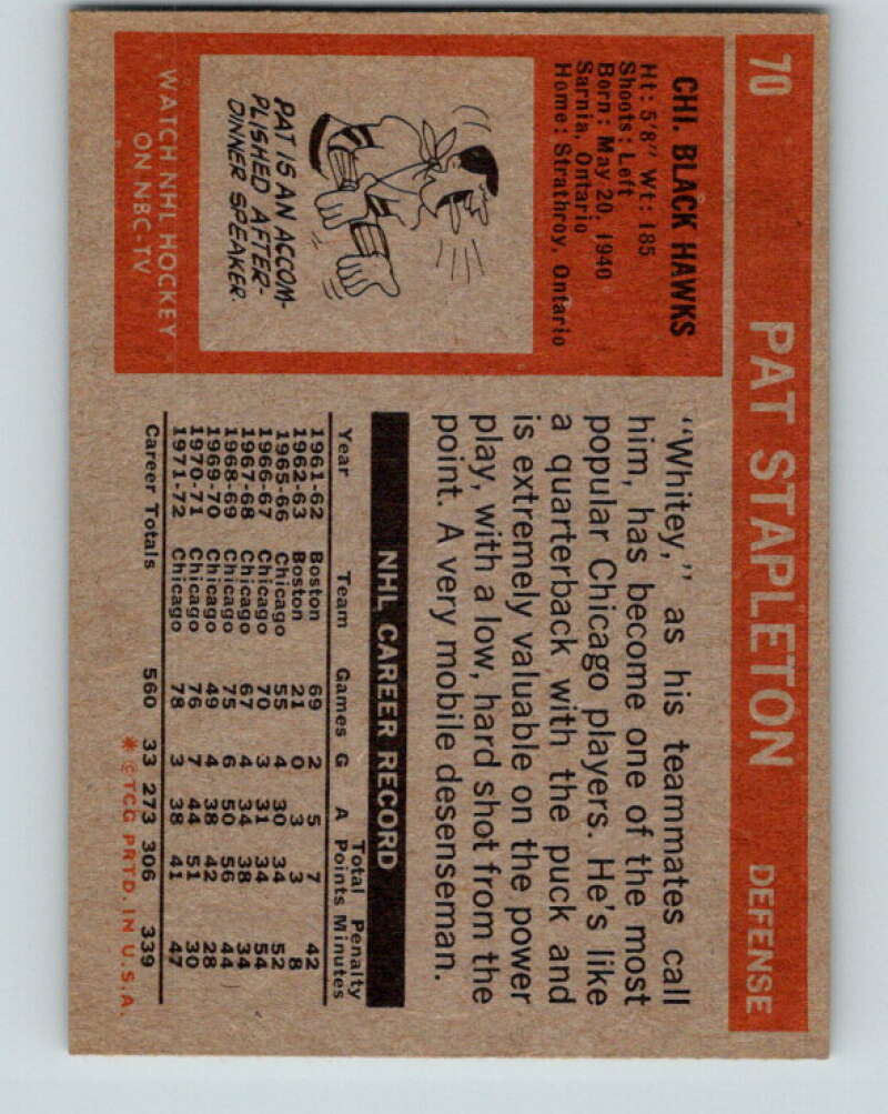 1972-73 Topps #70 Pat Stapleton Chicago Blackhawks V16565