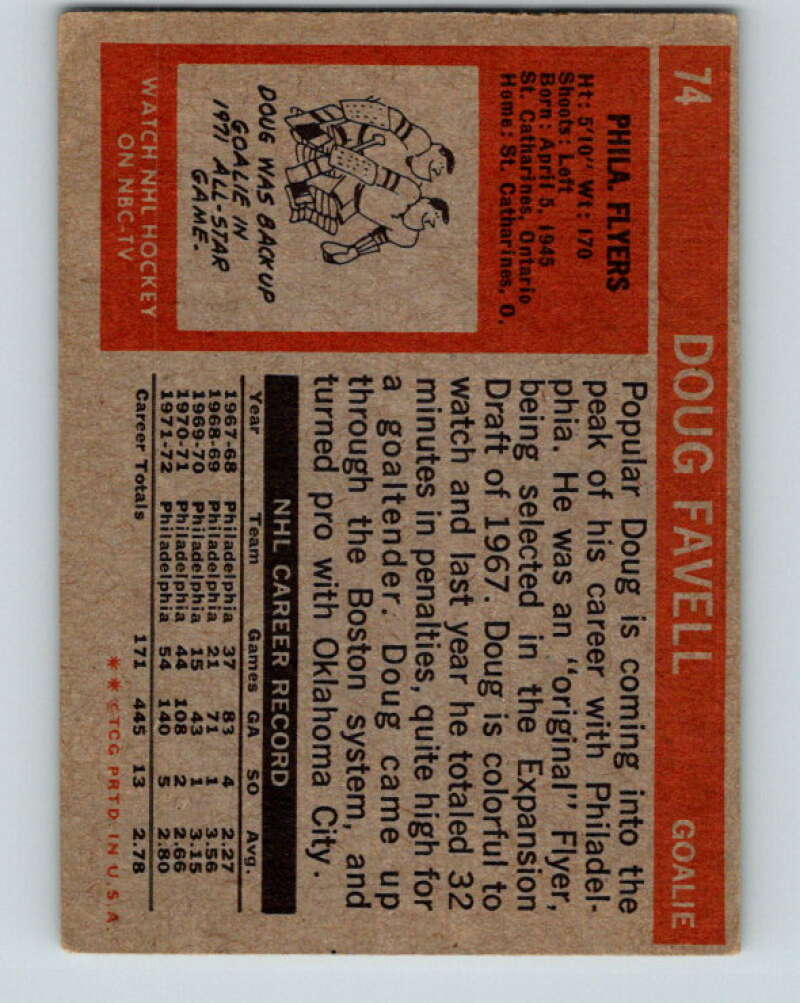 1972-73 Topps #74 Doug Favell Philadelphia Flyers V16567