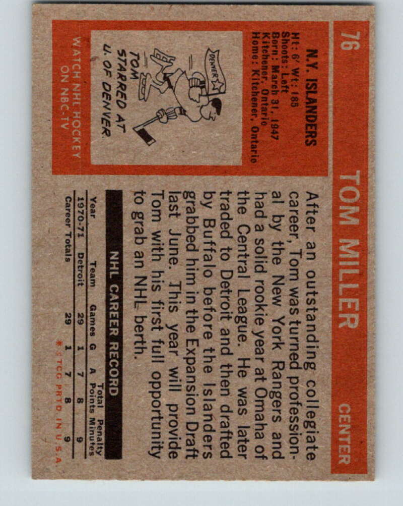 1972-73 Topps #76 Tom Miller RC Rookie New York Islanders V16568