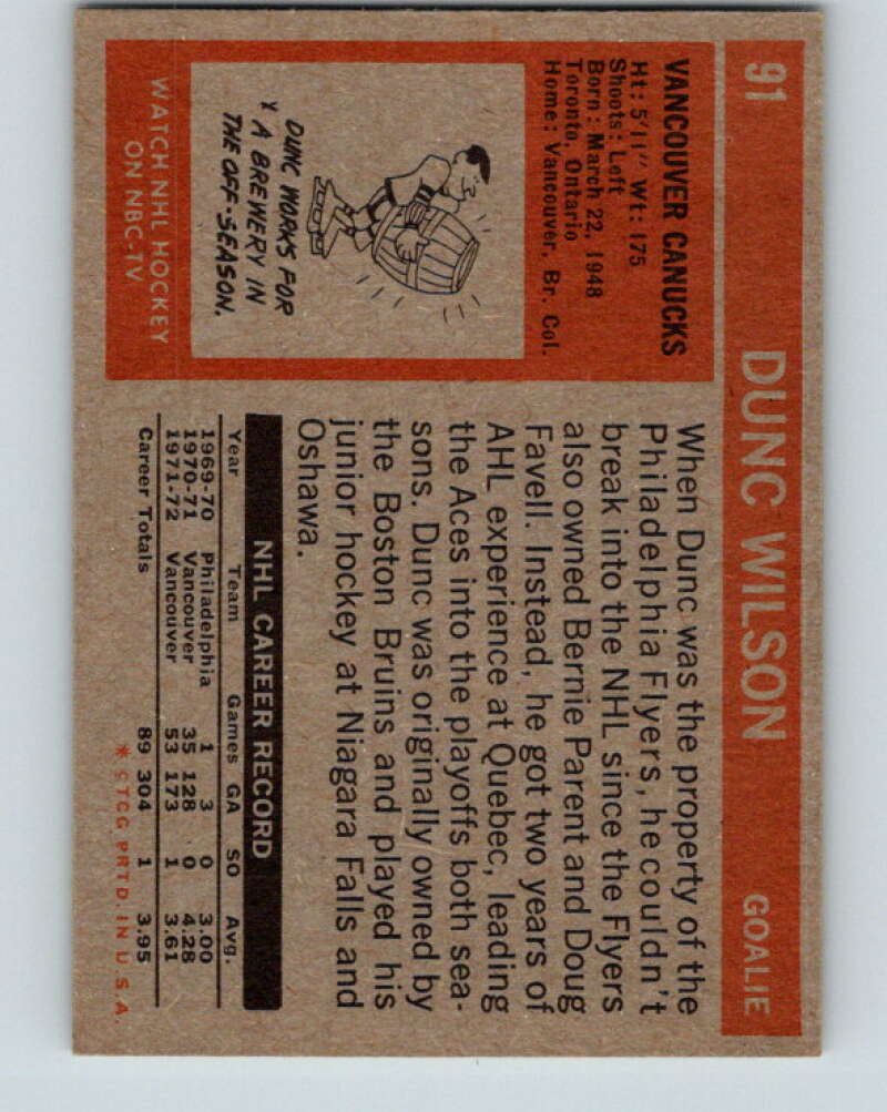 1972-73 Topps #91 Dunc Wilson Vancouver Canucks V16572
