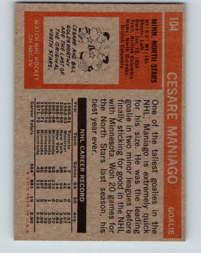 1972-73 Topps #104 Cesare Maniago Minnesota North Stars V16578