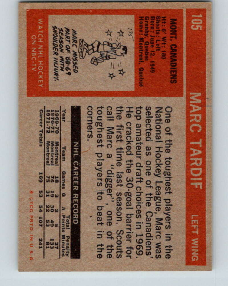 1972-73 Topps #105 Marc Tardif Montreal Canadiens V16579