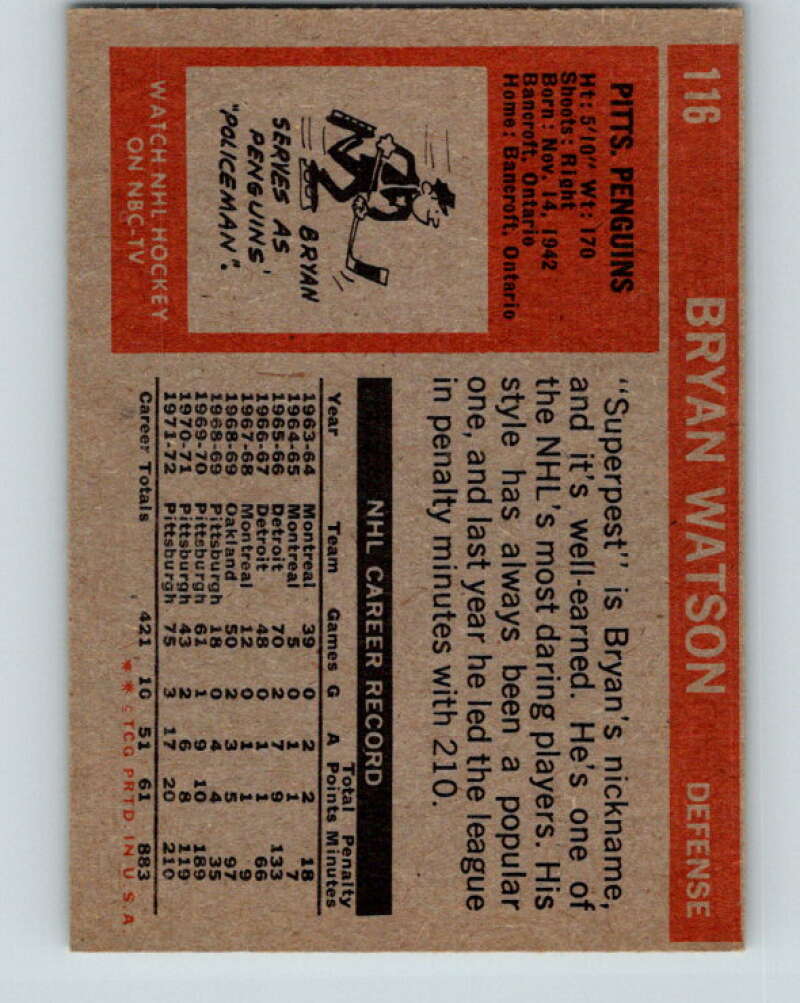 1972-73 Topps #116 Bryan Watson Pittsburgh Penguins V16586