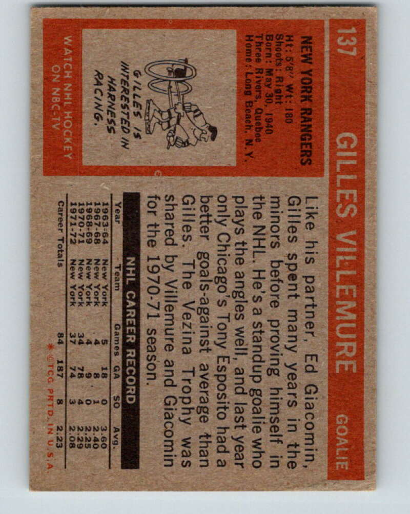 1972-73 Topps #137 Gilles Villemure New York Rangers V16594