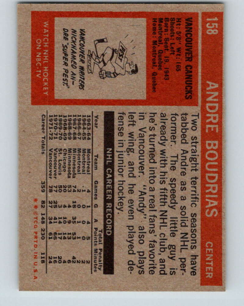 1972-73 Topps #158 Andre Boudrias Vancouver Canucks V16602