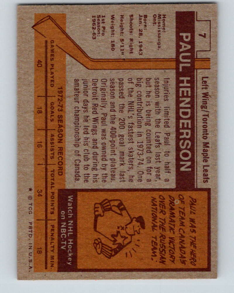 1973-74 Topps #7 Paul Henderson Toronto Maple Leafs V16614
