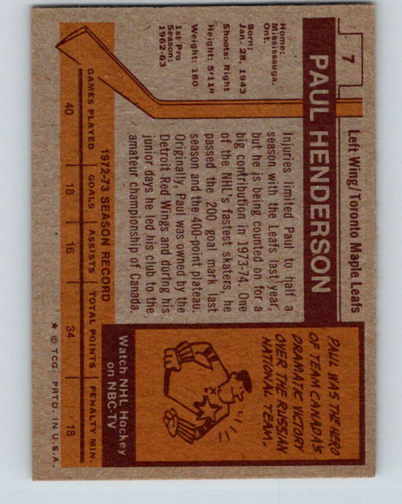 1973-74 Topps #7 Paul Henderson Toronto Maple Leafs V16615