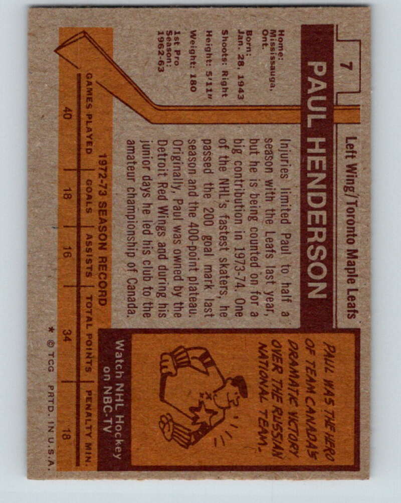 1973-74 Topps #7 Paul Henderson Toronto Maple Leafs V16616
