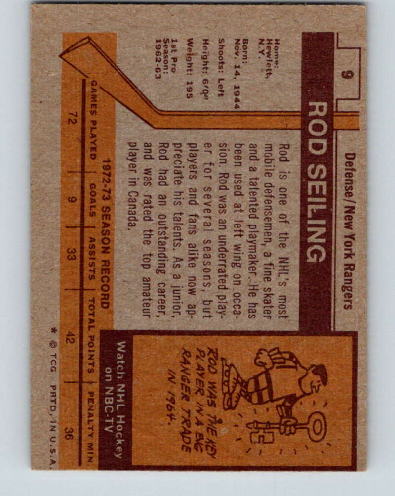 1973-74 Topps #9 Rod Seiling New York Rangers V16617