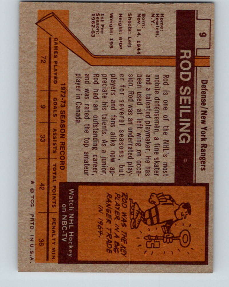 1973-74 Topps #9 Rod Seiling New York Rangers V16618