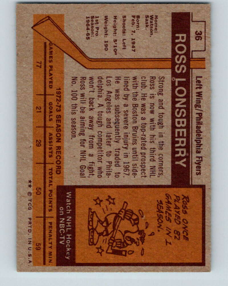 1973-74 Topps #36 Ross Lonsberry Philadelphia Flyers V16628