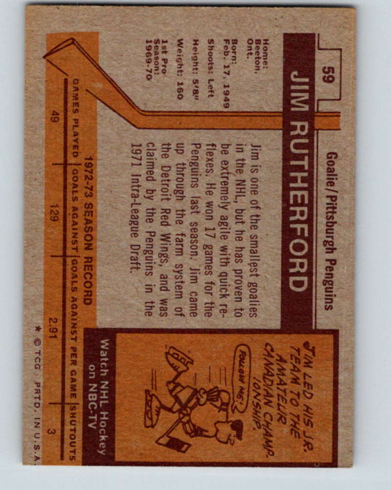1973-74 Topps #59 Jim Rutherford Pittsburgh Penguins V16640
