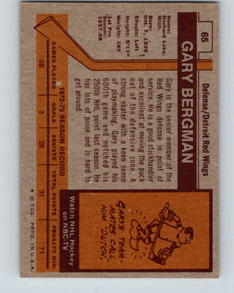 1973-74 Topps #65 Gary Bergman Detroit Red Wings V16647