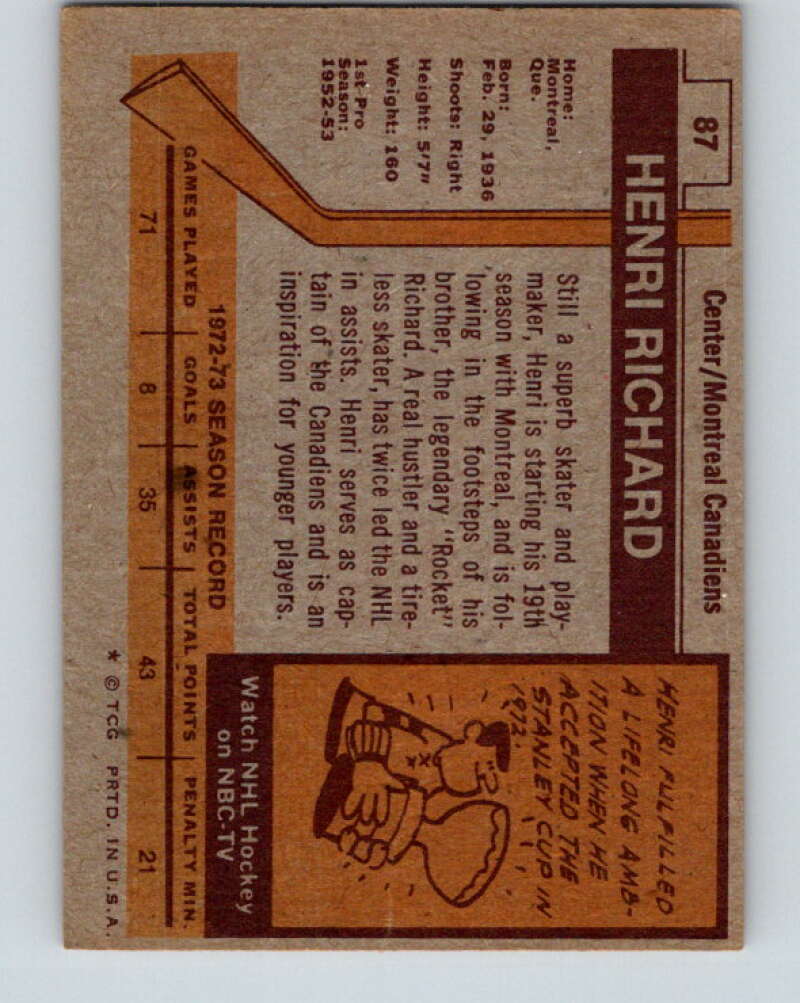 1973-74 Topps #87 Henri Richard Montreal Canadiens V16653