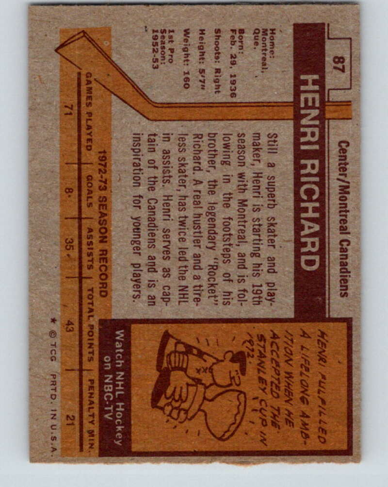 1973-74 Topps #87 Henri Richard Montreal Canadiens V16655