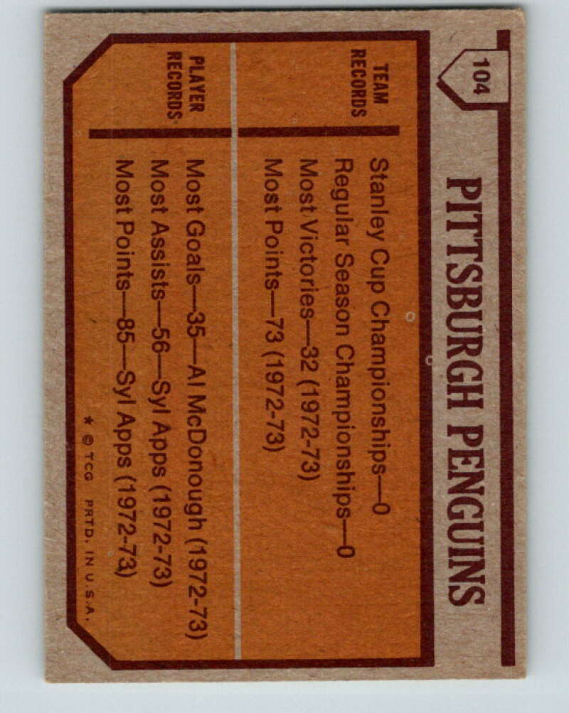 1973-74 Topps #104 Penguins Team Pittsburgh Penguins V16663