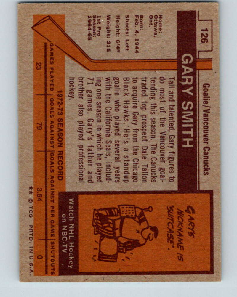 1973-74 Topps #126 Gary Smith Vancouver Canucks V16670