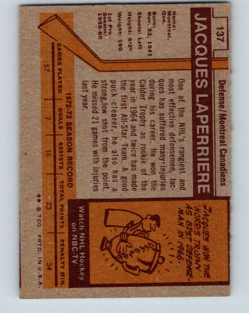 1973-74 Topps #137 Jacques Laperriere Montreal Canadiens V16671