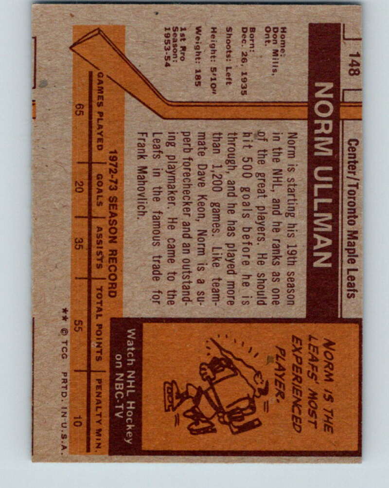 1973-74 Topps #148 Norm Ullman Toronto Maple Leafs V16674