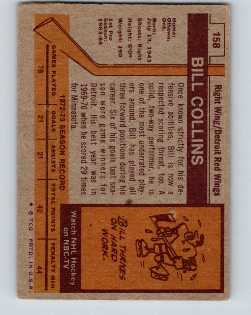 1973-74 Topps #158 Bill Collins Detroit Red Wings V16679
