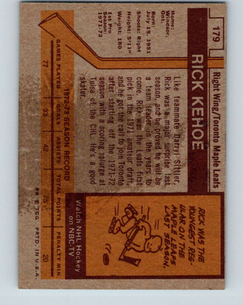 1973-74 Topps #179 Rick Kehoe RC Rookie Toronto Maple Leafs V16690