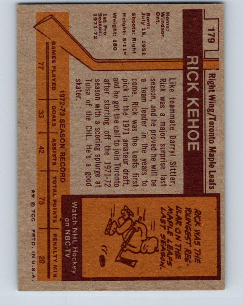 1973-74 Topps #179 Rick Kehoe RC Rookie Toronto Maple Leafs V16691
