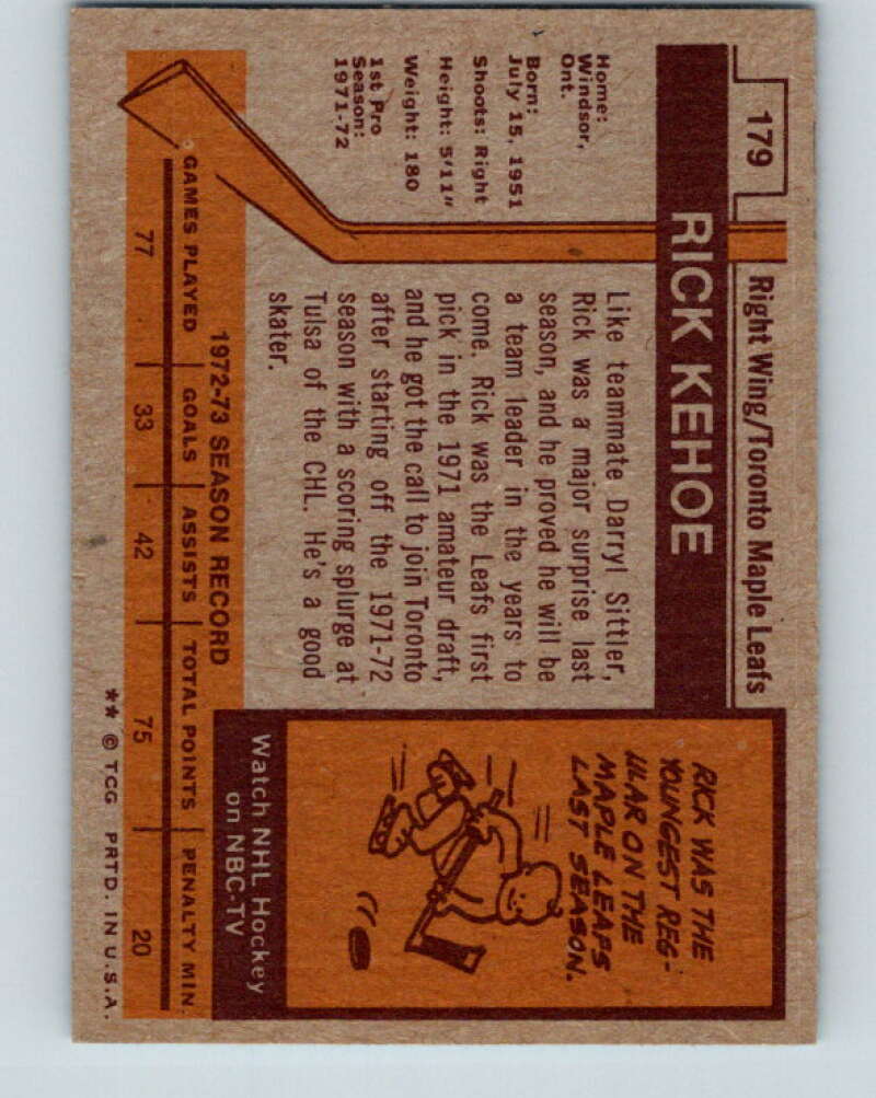 1973-74 Topps #179 Rick Kehoe RC Rookie Toronto Maple Leafs V16692
