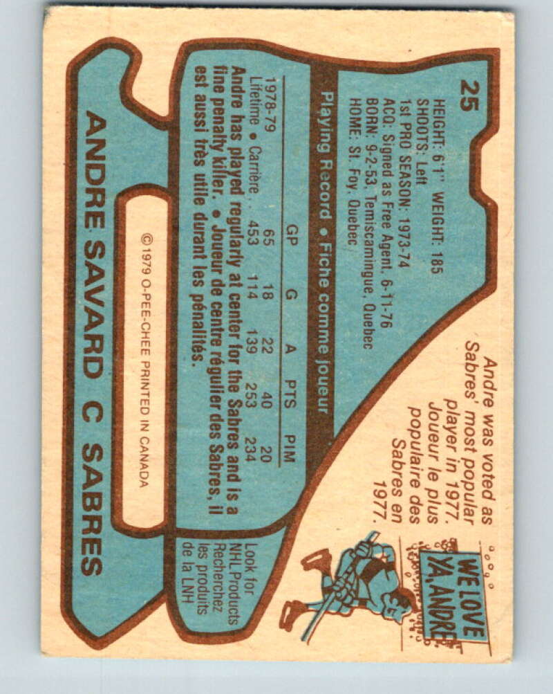 1979-80 O-Pee-Chee #25 Andre Savard Buffalo Sabres V16970