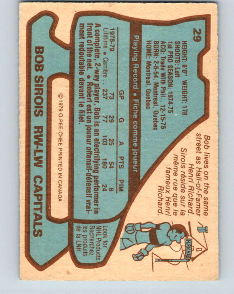 1979-80 O-Pee-Chee #29 Bob Sirois Washington Capitals V16987