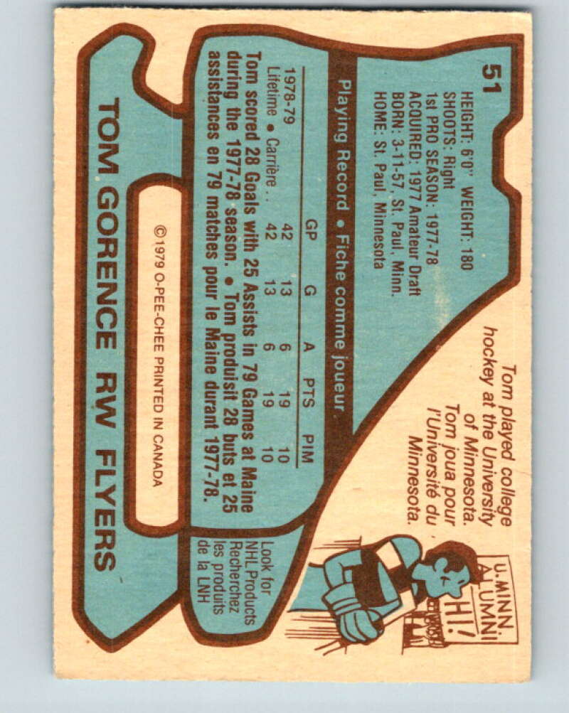 1979-80 O-Pee-Chee #51 Tom Gorence RC Rookie Philadelphia Flyers V17208