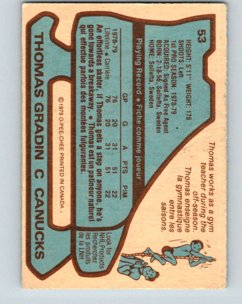 1979-80 O-Pee-Chee #53 Thomas Gradin RC Rookie Vancouver Canucks V17233