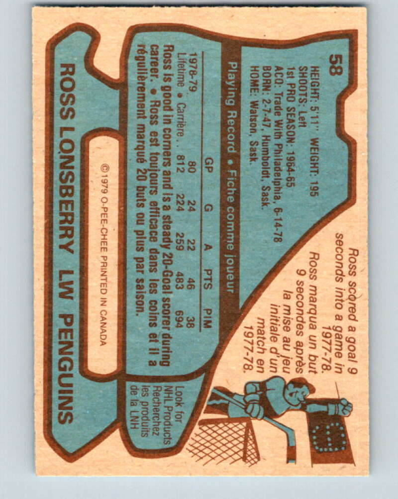 1979-80 O-Pee-Chee #58 Ross Lonsberry Pittsburgh Penguins V17266