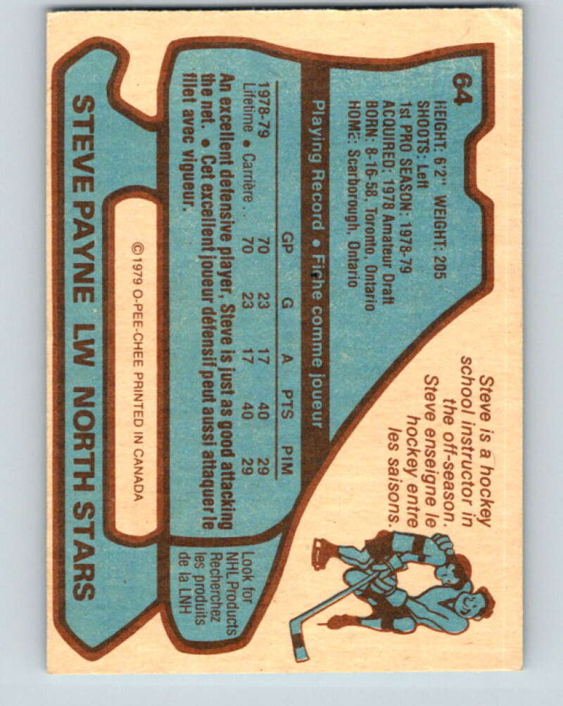 1979-80 O-Pee-Chee #64 Steve Payne RC Rookie Minnesota North Stars V17332