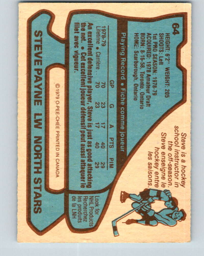 1979-80 O-Pee-Chee #64 Steve Payne RC Rookie Minnesota North Stars V17334