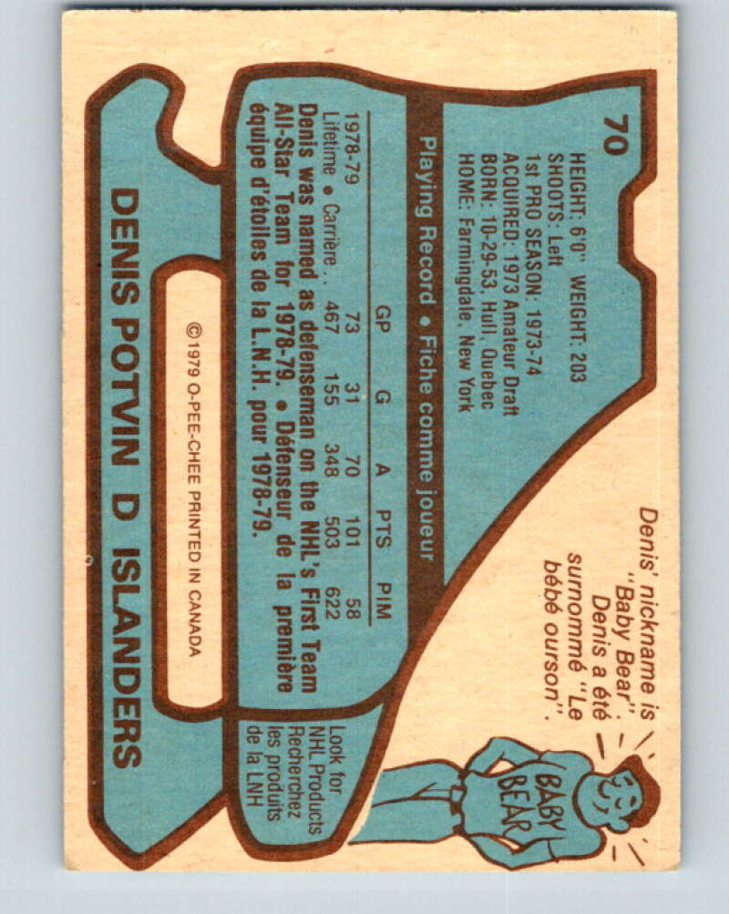 1979-80 O-Pee-Chee #70 Denis Potvin AS New York Islanders V17378