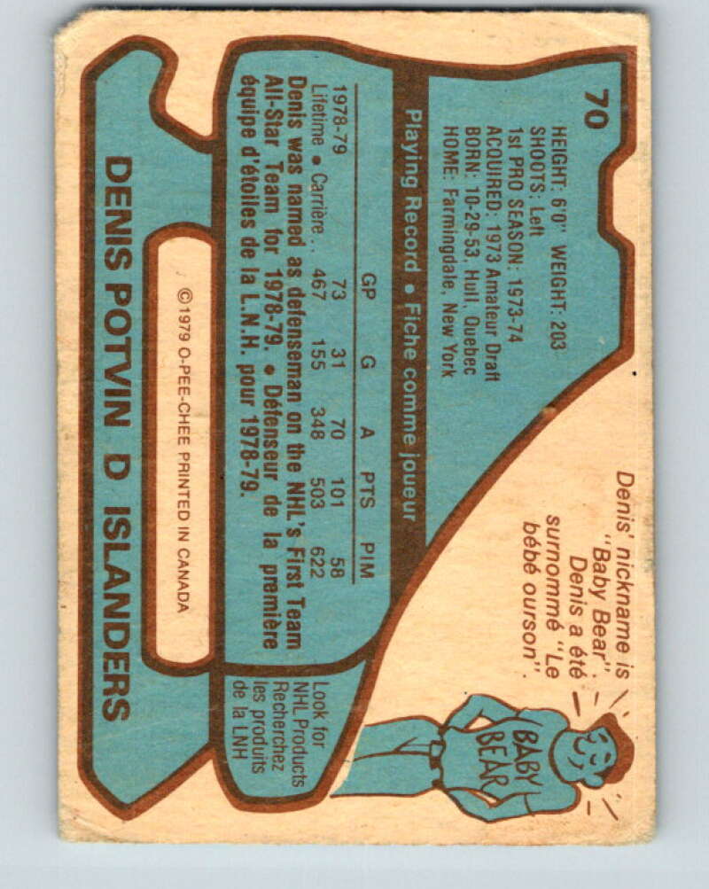 1979-80 O-Pee-Chee #70 Denis Potvin AS New York Islanders V17383