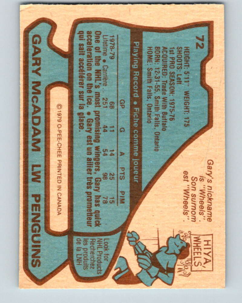 1979-80 O-Pee-Chee #72 Gary McAdam Pittsburgh Penguins V17392