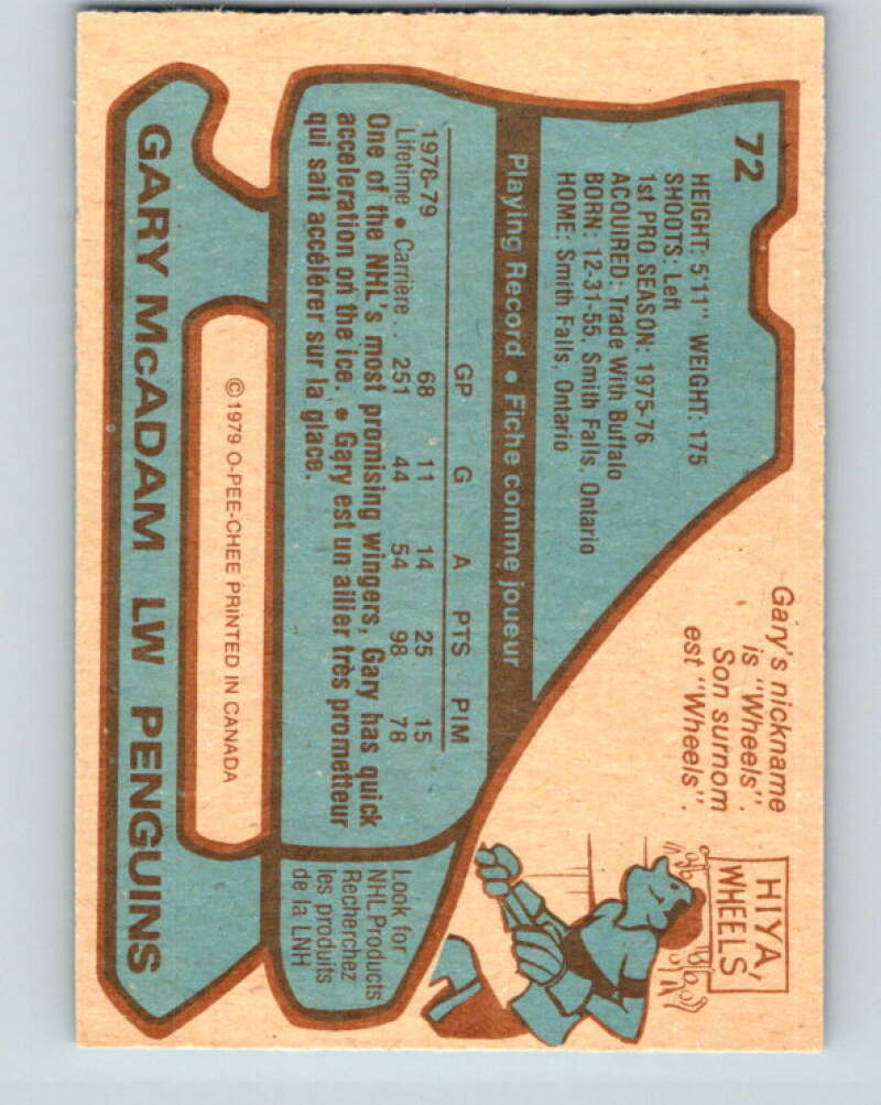 1979-80 O-Pee-Chee #72 Gary McAdam Pittsburgh Penguins V17393